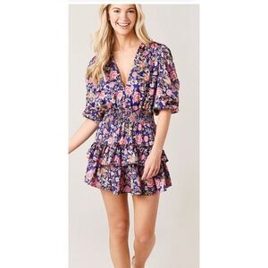 MISA Los Angeles Floral Mini‎ Dress Smocked Ruffle V Neck Short Sleeve XL